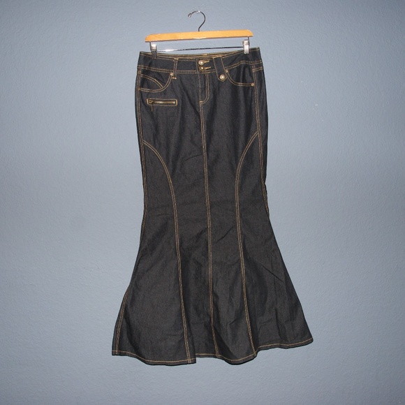 BISOU Dark Wash Denim Rocker Mermaid Maxi Skirt 6 - Picture 2 of 5